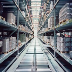 A vast, organized warehouse with rows of shelves filled with boxes, stretching into the distance under a high, structured ceiling.