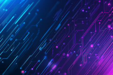 Futuristic vector illustration of an abstract circuit board with neon blue and purple gradients, showcasing intricate digital patterns and tech elements