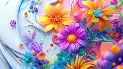 Joyful 3D art featuring vibrant, happy life themes with colorful floral watermarks, ideal for A4 cover design, on a white background