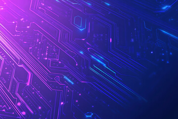 Futuristic vector illustration of an abstract circuit board with neon blue and purple gradients, showcasing intricate digital patterns and tech elements