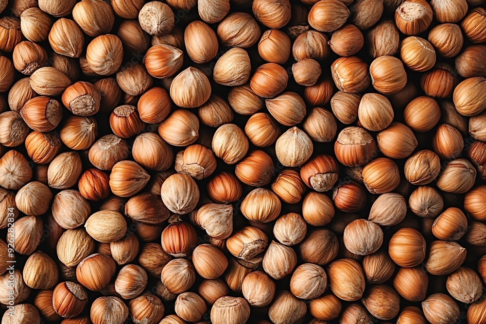 Poster hazelnuts are scattered on a surface, creating an interesting food texture or background