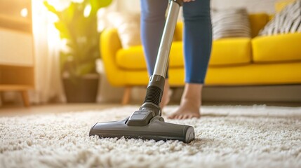 Professional Woman Cleaning Carpet with Vacuum Cleaner at Home
