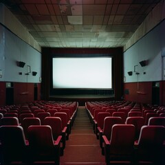 Fototapeta premium An empty, vintage cinema with red seats and a large white screen, awaiting the start of a movie. The nostalgic atmosphere invites viewers to take a seat.