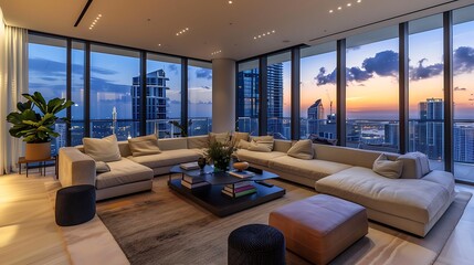 Naklejka premium Modern Sectional Sofa in Luxury living room Penthouse with City Views