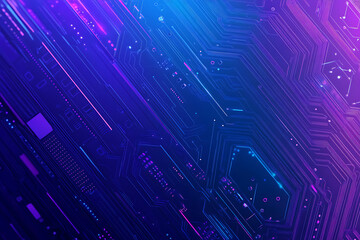 Futuristic vector illustration of an abstract circuit board with neon blue and purple gradients, showcasing intricate digital patterns and tech elements