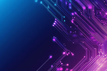 Futuristic vector illustration of an abstract circuit board with neon blue and purple gradients, showcasing intricate digital patterns and tech elements