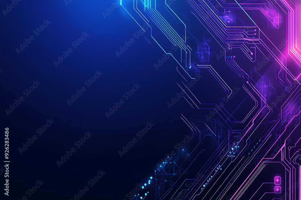 Poster futuristic vector illustration of an abstract circuit board with neon blue and purple gradients, sho