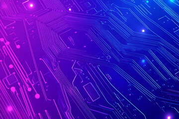 Futuristic vector illustration of an abstract circuit board with neon blue and purple gradients, showcasing intricate digital patterns and tech elements