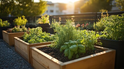 small urban garden on a rooftop, with vegetables and herbs growing in raised beds and containers.