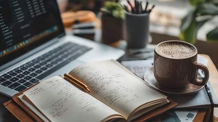 collection of productivity tools, including a planner, coffee cup, and laptop, on a clean workspace.