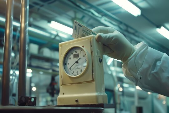 Worker Punching Time Clock Card in Industrial Factory Setting.