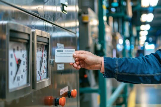 Worker Punching Time Card in Industrial Setting with Clock Detail.