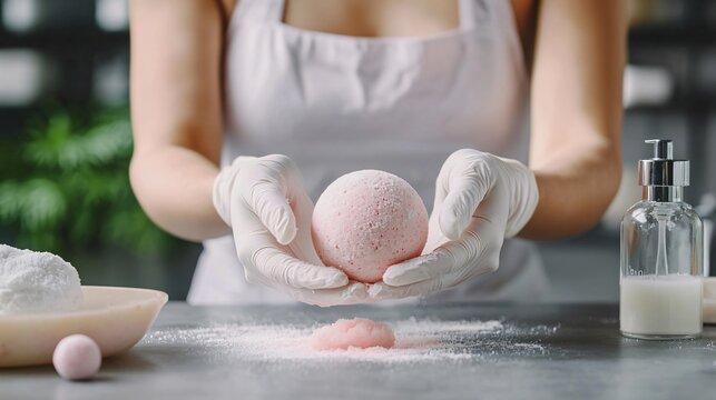 Professional Woman Making Bath Bomb at Grey Table Closeup