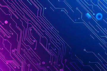 Futuristic vector illustration of an abstract circuit board with neon blue and purple gradients, showcasing intricate digital patterns and tech elements