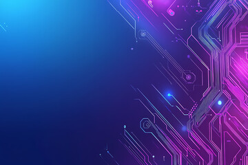 Futuristic vector illustration of an abstract circuit board with neon blue and purple gradients, showcasing intricate digital patterns and tech elements
