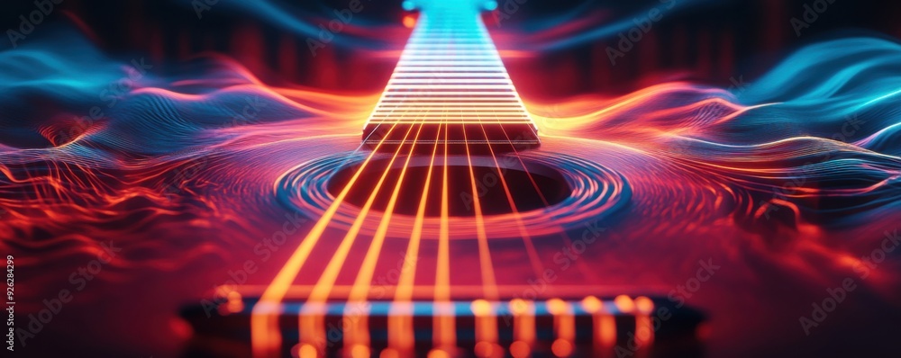 Poster vibrant abstract representation of a guitar, showcasing glowing strings and waves of color, capturin