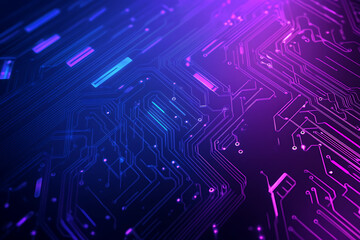 Futuristic vector illustration of an abstract circuit board with neon blue and purple gradients, showcasing intricate digital patterns and tech elements