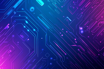 Futuristic vector illustration of an abstract circuit board with neon blue and purple gradients, showcasing intricate digital patterns and tech elements