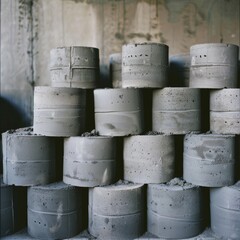 Several unfinished cylindrical concrete cores are tightly stacked in a warehouse, showcasing raw, rustic texture and industrial ambiance.