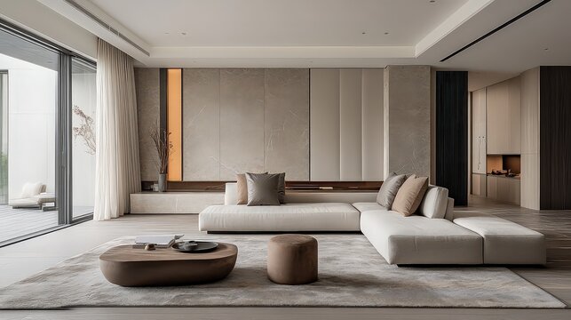 minimalist living room with neutral tones, featuring modern furniture and an elegant, open layout.