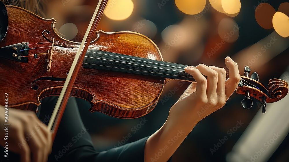 Wall mural classical concert with musicians playing string instruments on a grand stage.