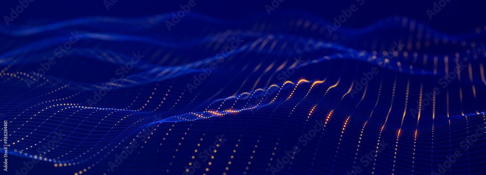 Poster Abstract polygonal space with connecting dots and lines. Dark background. Connection structure. 3d Widescreen