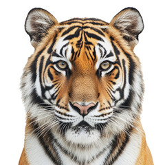 Fototapeta premium PNG A close-up of a Bengal tiger looking directly at the camera with its striking facial patterns against a plain background