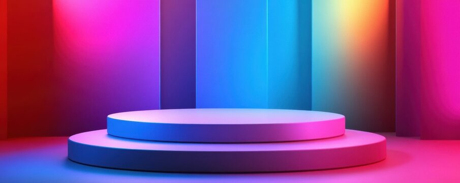 Colorful illuminated stage with a circular platform and vibrant gradient background suitable for performances and events.