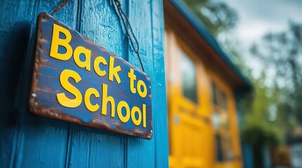  rustic "Back to School" sign on a blue wall, marking the entrance to a vibrant school environment.