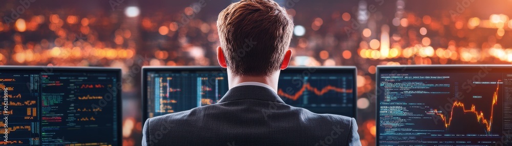 Aufkleber business professional analyzes data trends using multiple computer screens in a modern office enviro