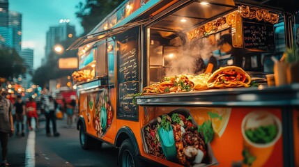 Obraz premium vibrant food truck serving customers on a busy city street, with colorful signage and delicious smells