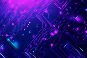 Futuristic vector illustration of an abstract circuit board with neon blue and purple gradients, showcasing intricate digital patterns and tech elements