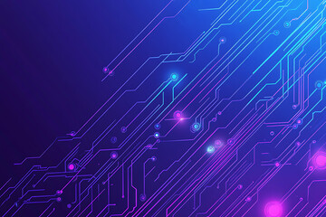 Futuristic vector illustration of an abstract circuit board with neon blue and purple gradients, showcasing intricate digital patterns and tech elements