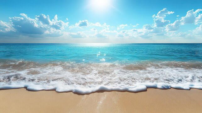 pristine beach bathed in the bright midday sun, with shimmering blue water and a clear sky overhead.