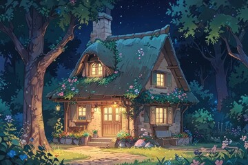Fototapeta premium Cozy Stone Cottage in Moonlit Forest Night Scene. Anime art style