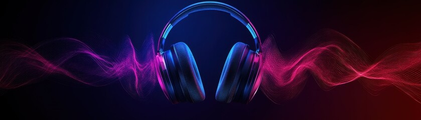 Vibrant headphones against a colorful sound wave background, perfect for music, audio, and technology themes.