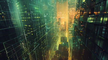Obraz premium Smart digital Innovation city with connection network reciprocity over the cityscape. of future smart wireless digital city and social media networking systems that connects people with in city