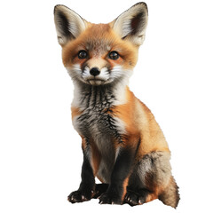 PNG A young fox sitting on a white background, displaying its curious expression and fluffy fur