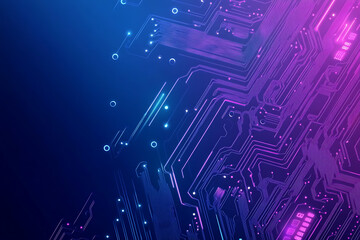 Futuristic vector illustration of an abstract circuit board with neon blue and purple gradients, showcasing intricate digital patterns and tech elements