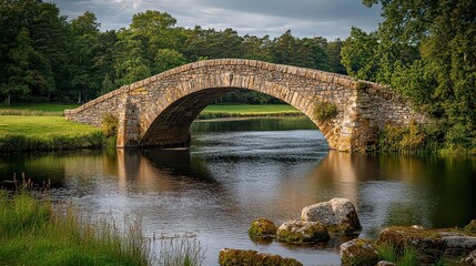 Fototapeta premium historic stone bridge arching over a calm river, surrounded by greenery and picturesque views.