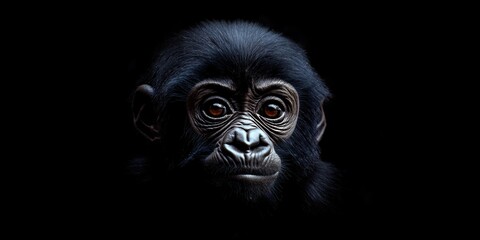 Obraz premium Photo of a baby gorilla isolated against a black background, emphasising the baby gorilla's majestic features. Wildlife and conservation concept, space for copy.