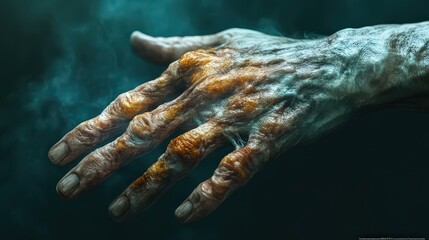 A hand with visible wounds and inflamed areas, showing signs of infection with pus and discoloration.