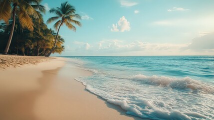 stunning tropical beach with palm trees swaying in the breeze and crystal-clear waves gently lapping at the shore.