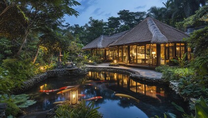 Tropical hut with pond, koi fish, and lush greenery.