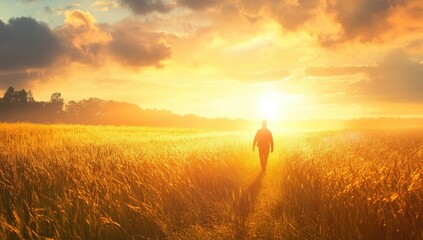 Fototapeta premium Silhouette walks toward sunset through tall grass.
