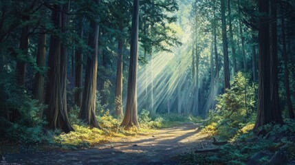 Fototapeta premium Sunbeams illuminating a path through a dense redwood forest