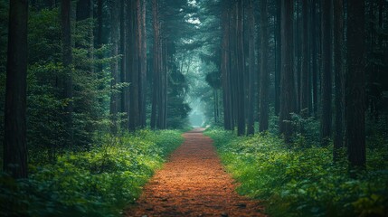 Fototapeta premium tranquil forest path lined with tall trees, leading deeper into the woods