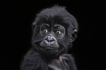 Obraz premium Photo of a baby gorilla isolated against a black background, emphasising the baby gorilla's majestic features. Wildlife and conservation concept, space for copy.