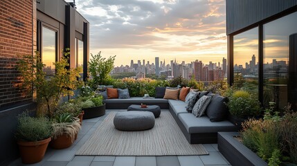 rooftop garden in the city, with plants in pots, cozy seating areas, and a view of the skyline.