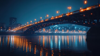 A lit-up bridge stretching across a river at night, with reflections of lights in the water below.